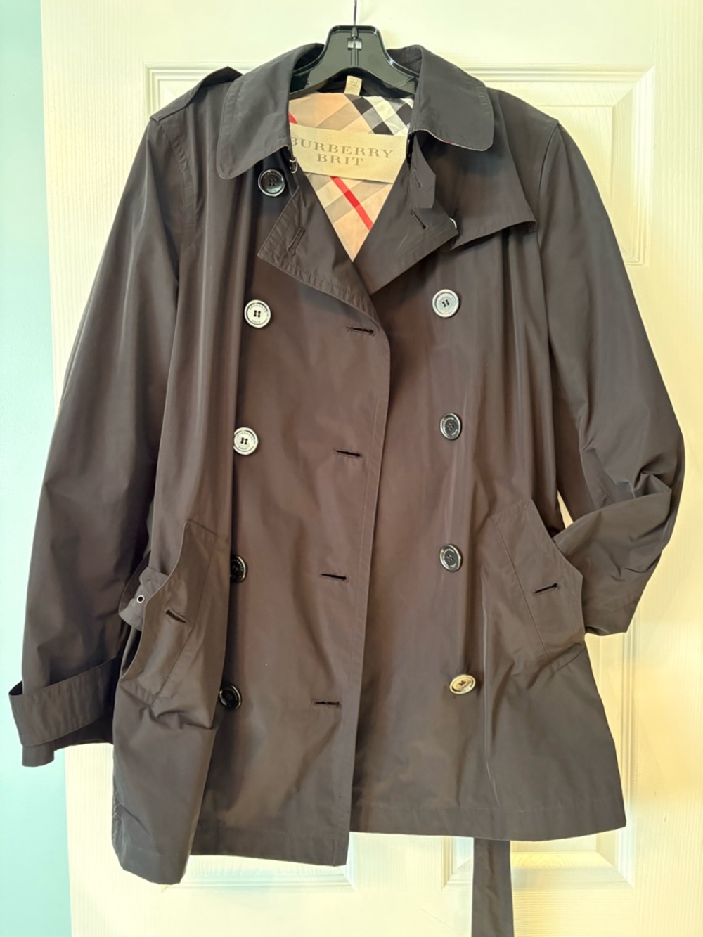 Burberry Black Double-Breasted Trench Coat with Signature Check Lining & Hood
